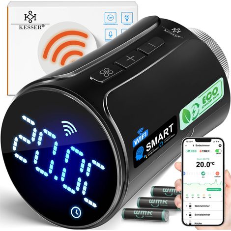 KESSER® Thermostat de radiateur WiFi - pour 4 radiateurs, rond, noir