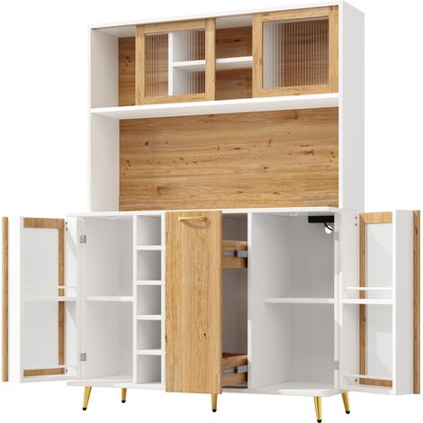 Buffet blanc à décor bois avec éclairage LED, vinothèque, prise intégrée et 5 portes, 120x40x180 cm (1/5)