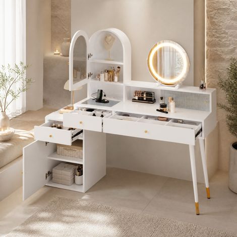 Tocador con espejo LED (140x40x140 cm), con USB y Type C, 3 cajones, MDF y cristal, blanco (1/5)