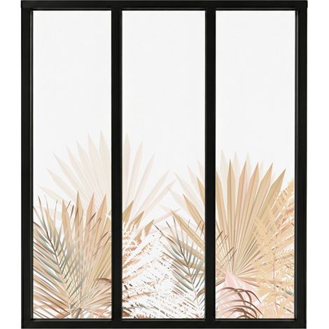 Verrière atelier intérieure aluminium noir 3 vitrages 102 x 117 cm - Décor végétal - Gaïa - beige et transparent - Verre trempé (1/5)