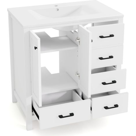 Meuble de salle de bain blanc avec vasque en céramique intégrée et rangement réglable 76x46x82 cm (1/5)