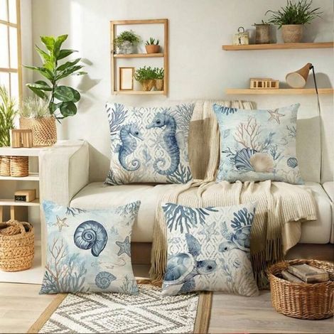 Ensemble de 4 taies d'oreiller d'été 45x45 cm, motif marin, imprimé lin pour canapé et chambre (1/5)