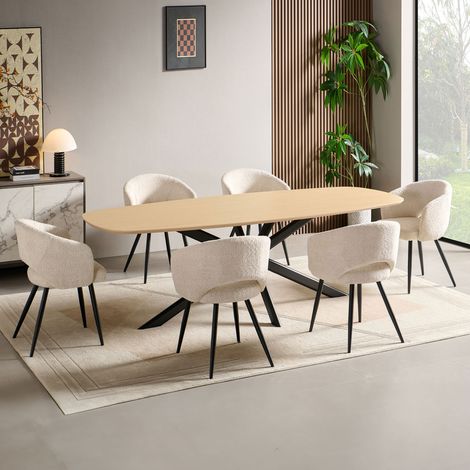 Ensemble table 200 cm effet chêne + 6 chaises tissu bouclette écru