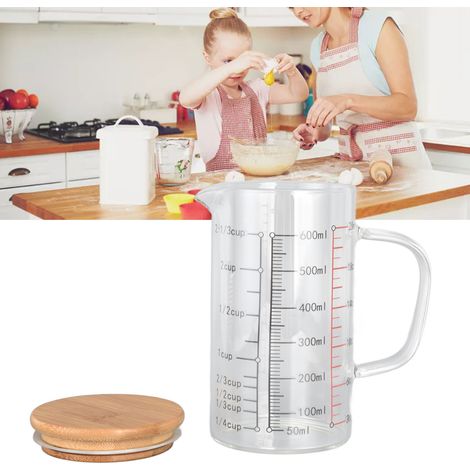 Verre doseur gradué résistant à la chaleur, ustensile de cuisine compatible micro-ondes, verre doseur transparent de 600 ml pour le lait et le yaourt. (1/5)