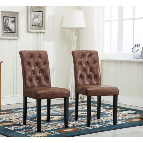 2 x Linded Fabric Dining Chairs, Solid Wooden Legs home & restaurants BROWN
