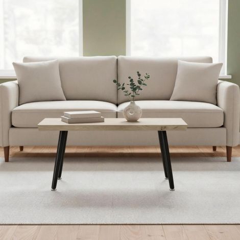 Table basse / Table d'appoint aux pieds en acier, plateau de 4 cm d'épaisseur — Table de salon (Chêne + Noir)