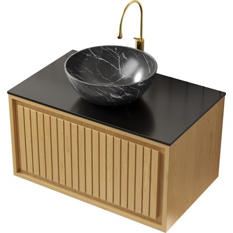 Meuble de salle de bain suspendu 61 cm, vasque céramique noire avec plan en pierre sintrée, armoire en contreplaqué finition bois de chêne Corolla (1/5)