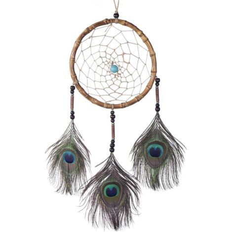 royaluxe-Gros Attrape-rêves Dreamcatcher avec Perles et Vraies Plumes Brun Noisette - Ø 18 cm (1/4)