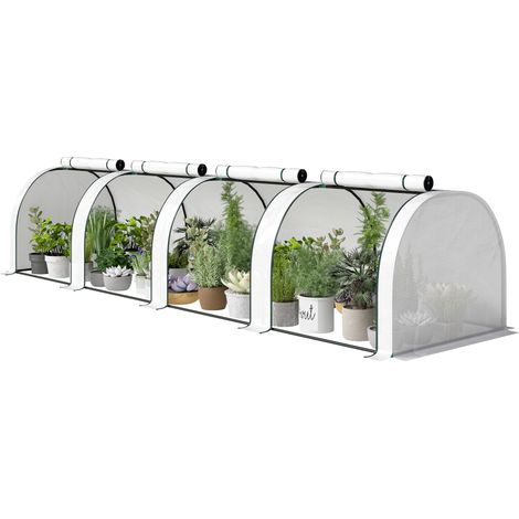 Mini-Tomatengewächshaus 4 x 1 x 0,80 m, Stahl, PE-beständig, UV-beständig, 4 aufrollbare Reißverschlusstüren, weiß