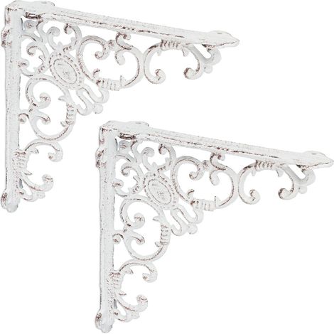 Relaxdays Staffe per Mensole, Set da 2 Supporti dal Design Barocco, Reggimensola Angolari per Scaffali, Vintage, Bianco (1/5)