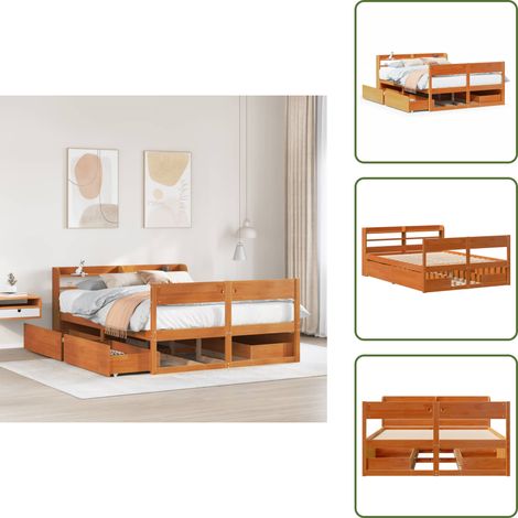 Letto con ripiani - vidaXL Letto senza Materasso Marrone Cera 120x190 cm in Legno di Pino - Letto autoportante