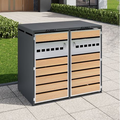 Armario para cubos de basura de jardín de acero galvanizado gris y efecto madera, 2 compartimentos, tapa abatible hidráulica (1/5)