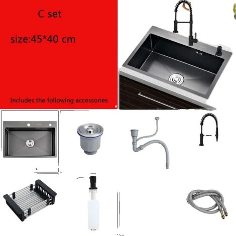 Évier de cuisine en acier inoxydable, comprend un égouttoir et un distributeur de savon (1/2)