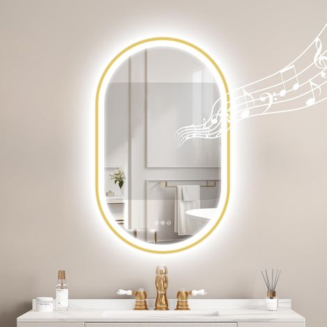Or Ovale-Miroir-Salle-de-Bain-avec-Éclairage 80x50cm, Bluetooth, Anti-buée, Dimmable, 3 Couleurs Légères, Mémoire, IP44, Verre Trempé, Horizontal/Vertical, Cadre Non Métallique (1/5)