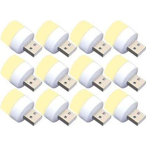 Lot de 12 mini ampoules LED USB de nuit, sans capteur de lumière, blanc chaud, compactes, idéales pour chambre à coucher, salle de bain, cuisine, voiture (1/4)