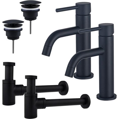 FugaFlow Eccelente Sobrado Slim Kit robinet lavabo - pour double vasque - robinet bas - bonde non-obturable - siphon design bas - Noir mat (1/4)