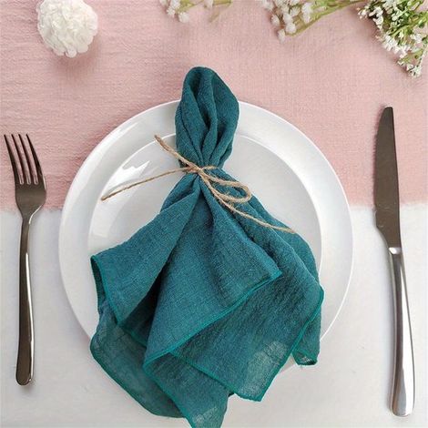 Ensemble de 12 serviettes de table en lin lavables, en tissu souple, idéal pour les réunions, les fêtes et autres occasions. 32 x 32 cm, bleu-vert. (1/5)