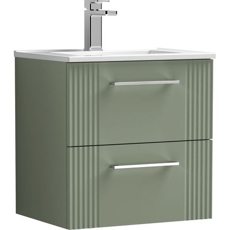 Belvide Partial Fluted 2 Drawer Wall Hung Vanity Unit with 1 Tap Hole Minimalist Basin - 500mm - Green