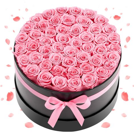 Rose Éternelle 50 Fleurs Éternelles Préservées Boîte Ronde Bouquet Roses Éternelles Cadeau pour Elle, Femme, Épouse, Maman, Mamie, Amie, Anniversaire, Saint-Valentin, Noël, Couleur Rose Doux (1/5)