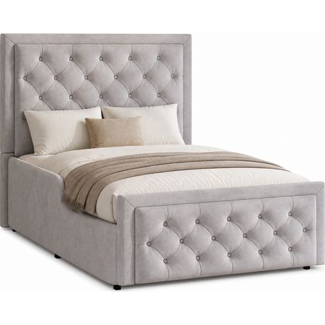 Lit enfant 90 x 200 cm avec coffre de rangement hydraulique, tête de lit capitonnée et revêtement velours gris, sommier inclus, pour chambre d'enfant, CHICFURN (1/5)