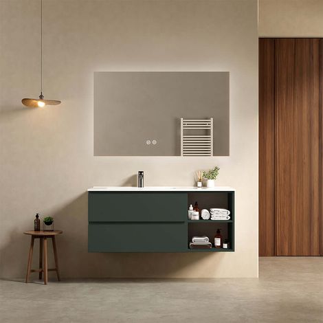 Mobile bagno sospeso 120 cm Verde Comodoro Lavabo a Sinistra in Ceramica Specchio Quadro Retroilluminato - Fiji Paint Plus (1/4)