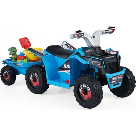 Quad électrique enfant 6V avec remorque, bleu, roues résistantes