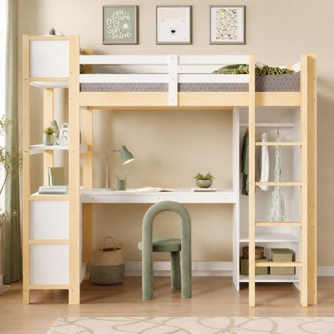 Lit mezzanine enfant 90x200 cm en pin, blanc/naturel, bureau et rangements pour chambre – MEUBLIV (1/5)