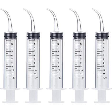 5 Stylos-Seringues à Embout Courbé 12 ml - Pour Irrigateur Buccal, Soins des Animaux et Application de Colle - Lavable et Réutilisable (1/5)