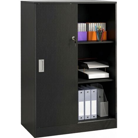 Armario archivador moderno negro con 2 estantes y puertas correderas con llave (1/5)