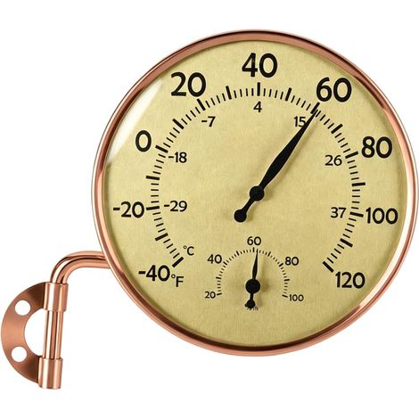 Thermomètre hygromètre extérieur support mural 10,6 cm cuivre métal jardin terrasse résistant aux intempéries jauge double affichage (X47AK4644) (1/5)