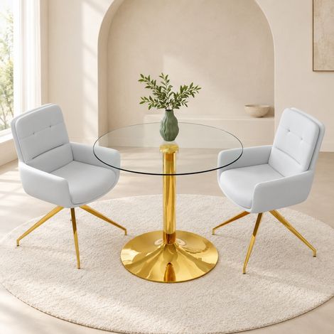 Set tavolo e 2 sedie, tavolo rotondo in vetro 85 cm, sedie girevoli grigio chiaro DESVIAE (1/5)