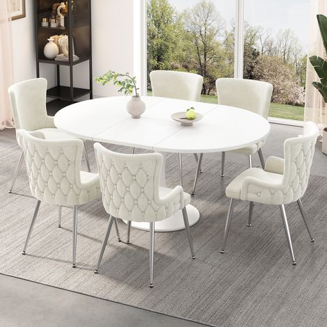 Lot de 6 fauteuils, en métal et velours, beige, pour chambre, Ensemble de fauteuils à manger en velours composé de 6 fauteuils