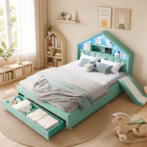 Cama infantil tipo cabaña 140x200 cm con LED, puerto de carga, tobogán reversible y compartimento de almacenaje, terciopelo azul verdoso (1/5)