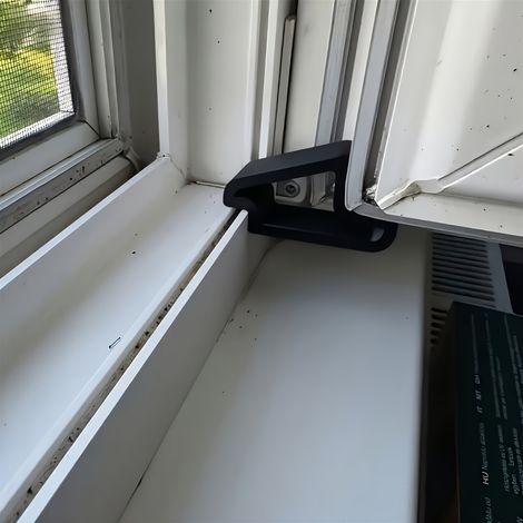 Robuster Fensterstopper aus Kunststoff mit einfacher Montage verhindert Verrutschen und ist sicher für Fenster in Wohnungen und Büros. (1/5)