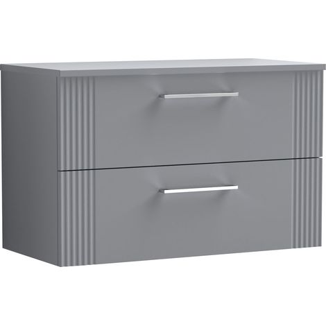 Belvide Partial Fluted 2 Drawer Wall Hung Vanity Unit with Colour Coordinating Laminate Worktop - 800mm - Satin Grey