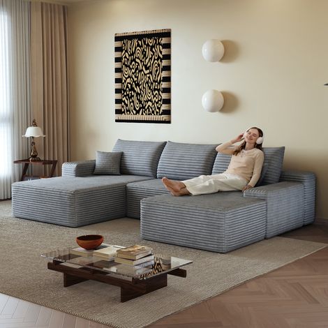 Canapé d'angle modulaire 270 cm sans cadre, méridienne en L, assise profonde, moderne, livré assemblé, convertible compact pour séjour, chambre, studio, gris. (1/5)
