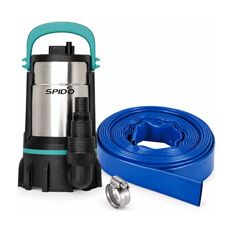 SPIDO - Kit Pompe d'Évacuation Eaux Claires ECL 400 - 400 W - 12 m3/h - Aqua Sensor - Tuyau Plat 25 m D40 mm + 2 Colliers Inox