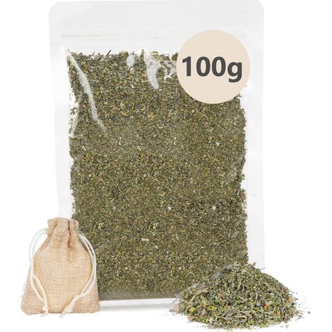 Herbe à chat naturelle séchée 100g avec sachet en toile pour divertissement et relaxation des chats (1/5)