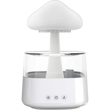 Humidificador con forma de nube de lluvia, difusor de aceites esenciales, lámpara nocturna con forma de hongo con 7 colores cambiantes, fuente de escritorio, sonido de gota de agua (blanco) (1/5)