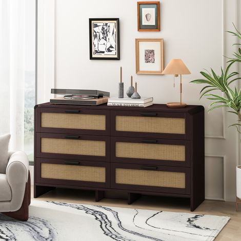 Credenza angolare 130 cm marrone rossiccio in truciolare e legno con 6 cassetti in rattan e angoli arrotondati (1/5)