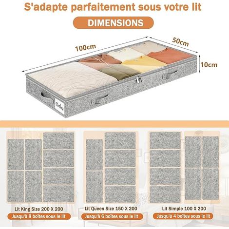 Boite Rangement sous Lit avec Poignée Renforcé, Sac Vetement Pliable, Bacs de Rangement pour Couettes, Vêtements, Draps, Chambre à coucher, Placard, 100x50x10cm, 50L, Gris (1/4)