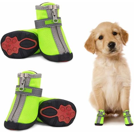 Waterproof Small Dog Shoes 4 Pack, Reflective Non-Slip Paw Protector Dog Boots Warm Puppy Shoes Small Medium Dogs Green 3