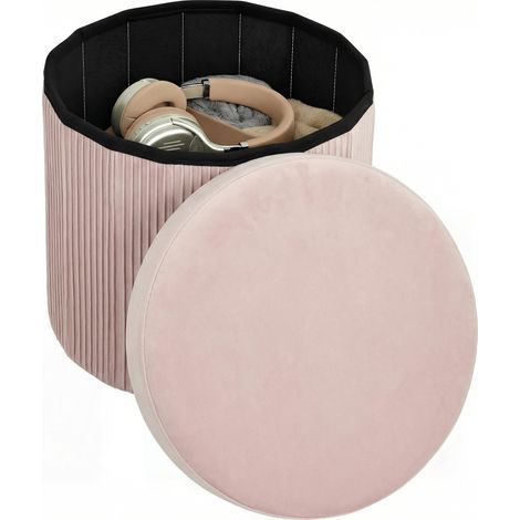 Banc coffre de rangement ottoman, coffre de rangement pliable, 35 L, 38 x 38 x 38 cm, revêtement en velours, coffre de rangement rond rose (1/5)