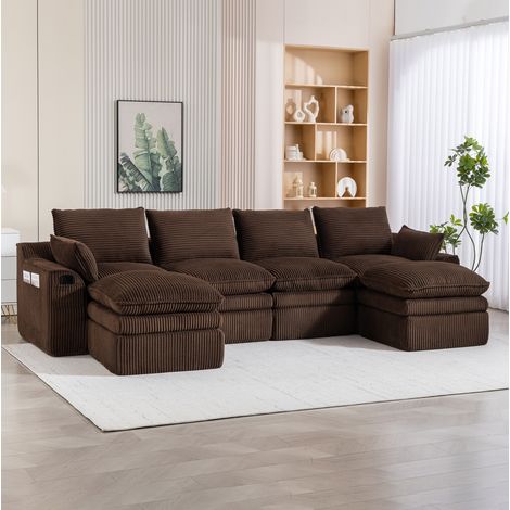 Canapé modulaire 4 places en tissu côtelé marron 335x167x85 cm avec 2 poufs et poches latérales (1/5)
