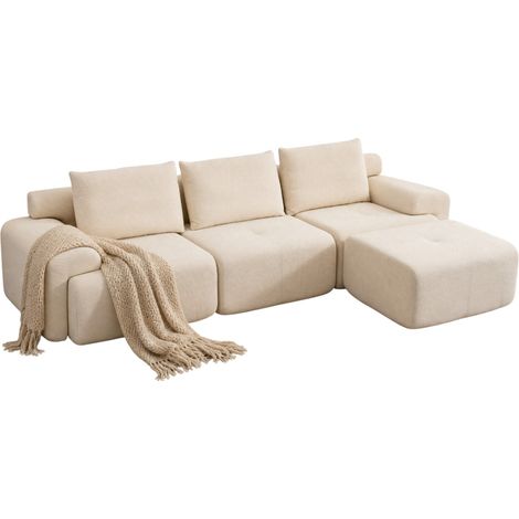 Sofá de Esquina Modular 305 cm, Asiento Profundo, Funda de Tela Tipo Cordón, Blanco (1/5)