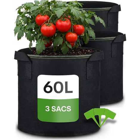 Sac De Plantation - Lot De 3 - 60L - Tissu Non Tissé - Avec Poignées Et Étiquettes - Pour Jardin Et Balcon (1/5)