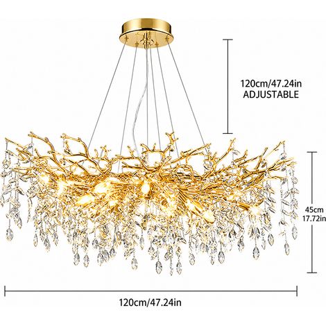 Lustre artistique en cristal K9 120 cm – Suspension dorée style branches et feuilles – Hauteur réglable jusqu’à 120 cm – Compatible E14