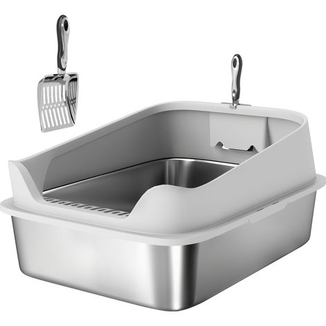 Arenero abierto para gatos de acero inoxidable con borde alto y pala 69,8 x 50,3 x 29,8 cm gris (1/5)