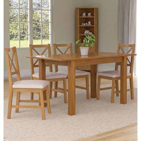 Hallowood Furniture Camberley Oak Dining Table and Chairs Set 4, Butterfly Extendable Dining Table and Chairs with Cross Back and Beige Fabric Padded Seats Perfect for Home and Café (1/5)