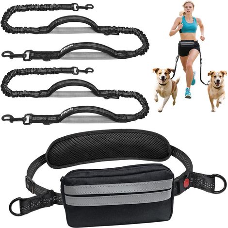 Laisse double pour chien mains libres avec ceinture réglable et pochette zippée, laisse élastique absorbant les chocs pour course à pied et randonnée (1/5)